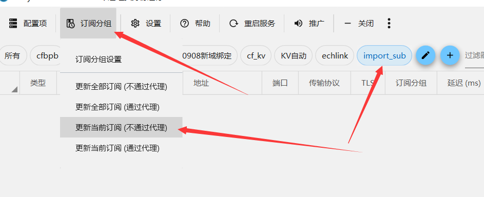 点击订阅分组-更新当前订阅-不通过代理